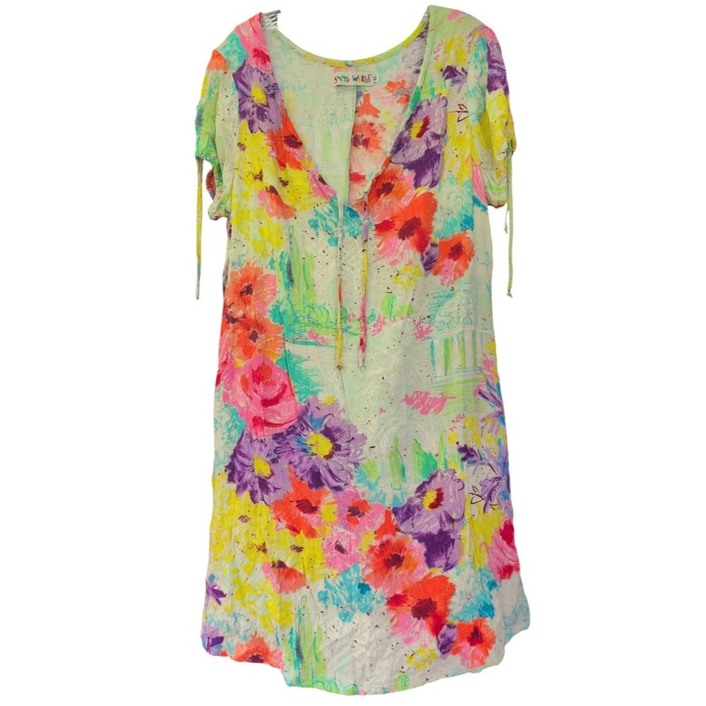 Jams World Shift Dress Womens XL Floral Rayon Boho Hawaiian Midi Tie Sleeve